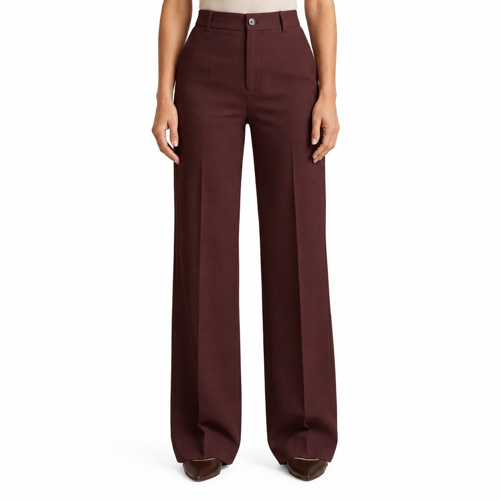 Wine red trousers on model, waist-to-shoes view