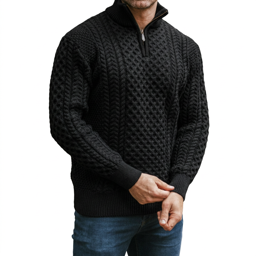Men’s Half-Zip Jumper in Merino Wool with Aran Pattern for Warmth