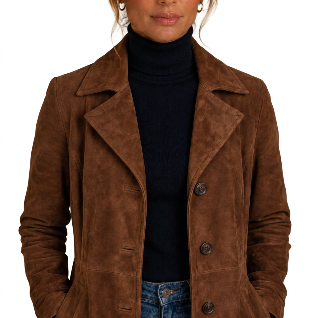 Brown suede longline coat, close-up on white background
