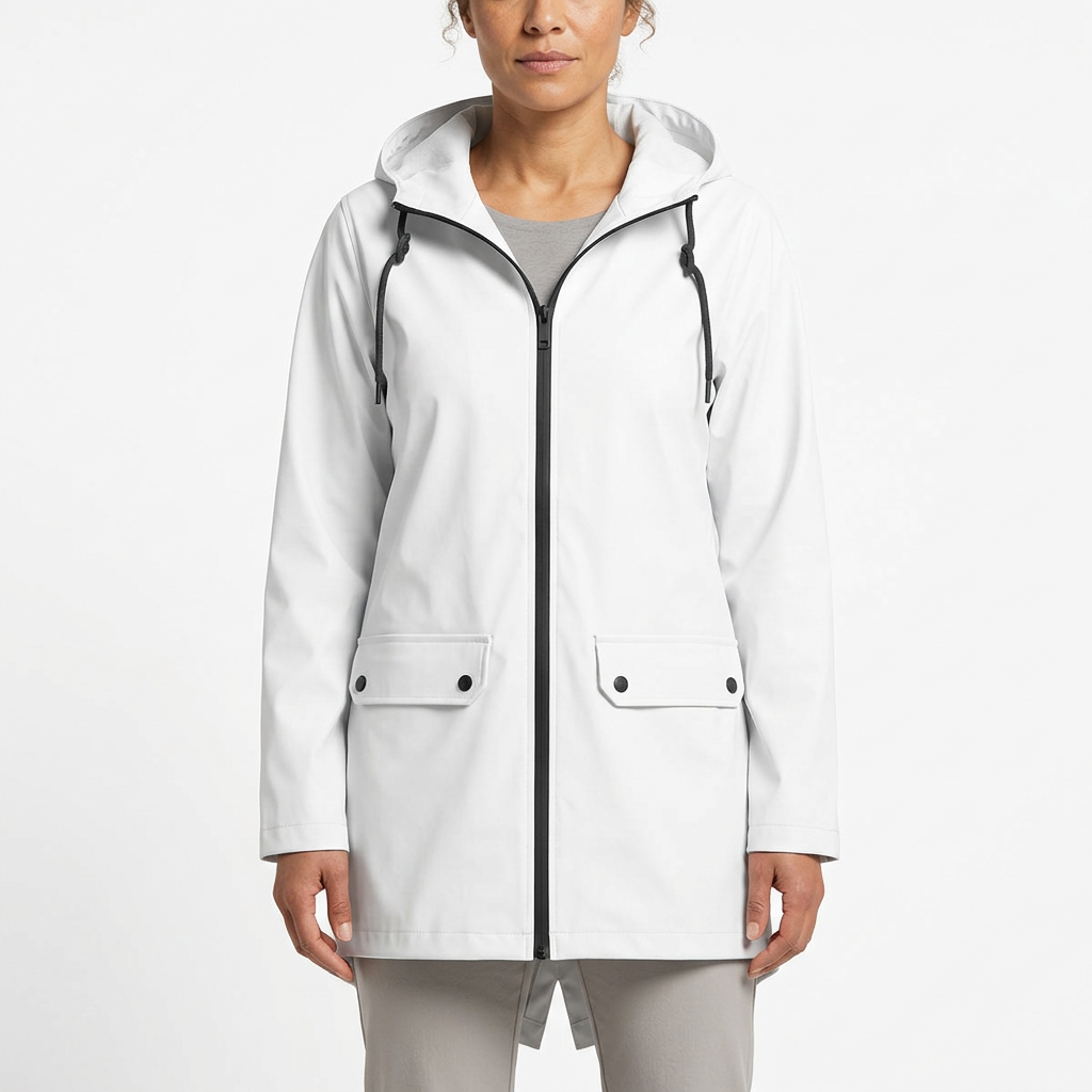 Woman modelling white hooded rain jacket