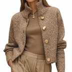 Women's Cropped Knit Cardigan with Stand Collar and Button Front