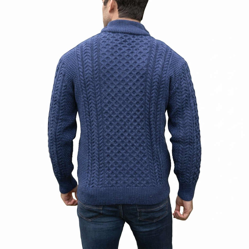 Men’s Half-Zip Jumper in Merino Wool with Aran Pattern for Warmth