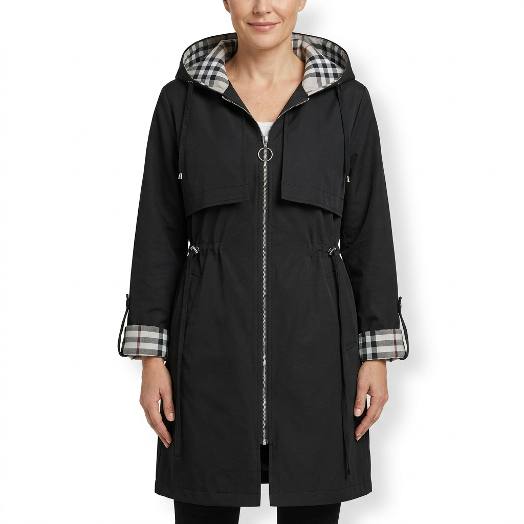 Woman modelling black hooded zip coat
