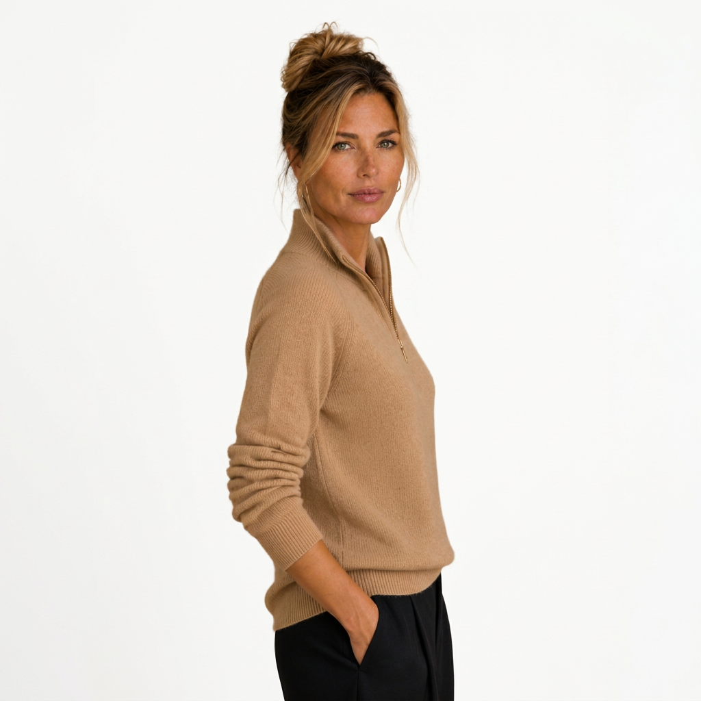 Women's Cashmere-Look Half-Zip Knitted Pullover Sweater with Long Sleeves