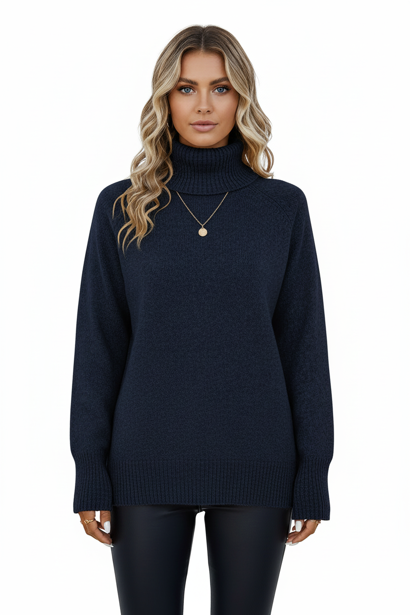 High Neck Pullover Navy - modell framifrån
