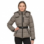 Women's Belted Puffer Jacket with Detachable Hood and Zipped Pockets