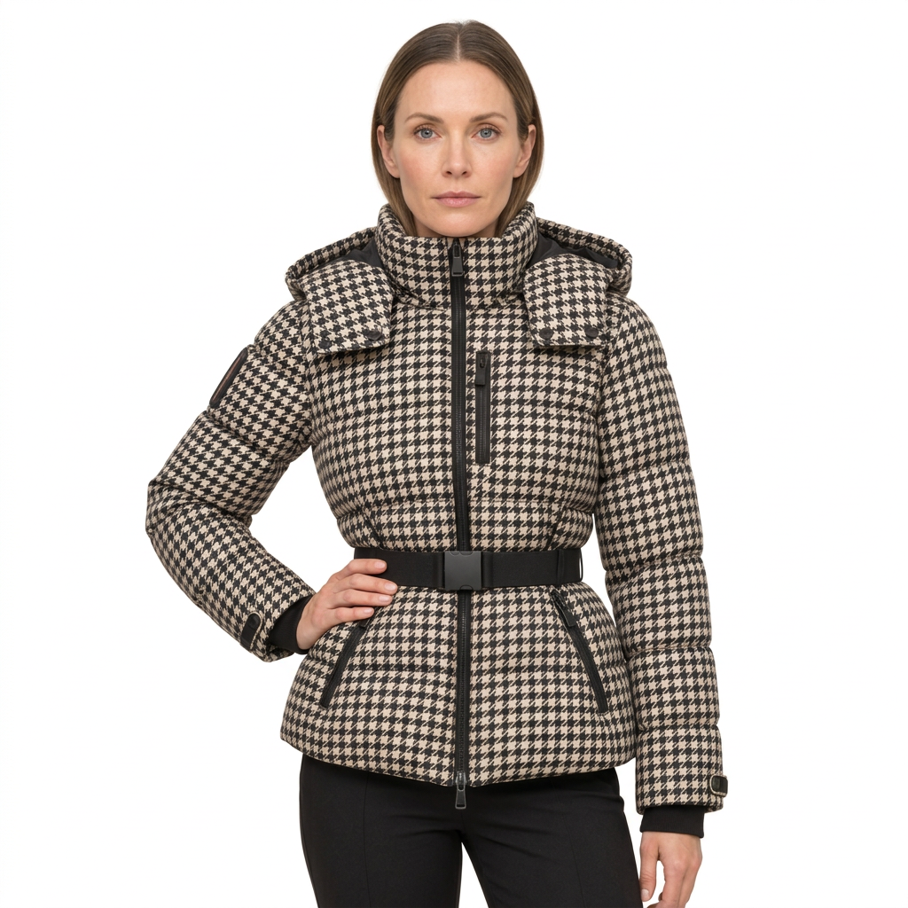 Women's Belted Puffer Jacket with Detachable Hood and Zipped Pockets