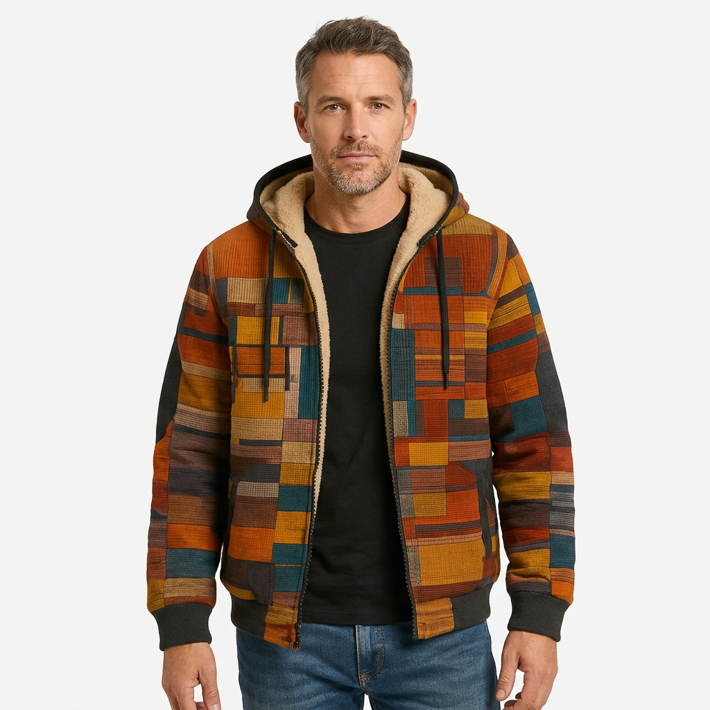 Man modelling orange patchwork hooded jacket