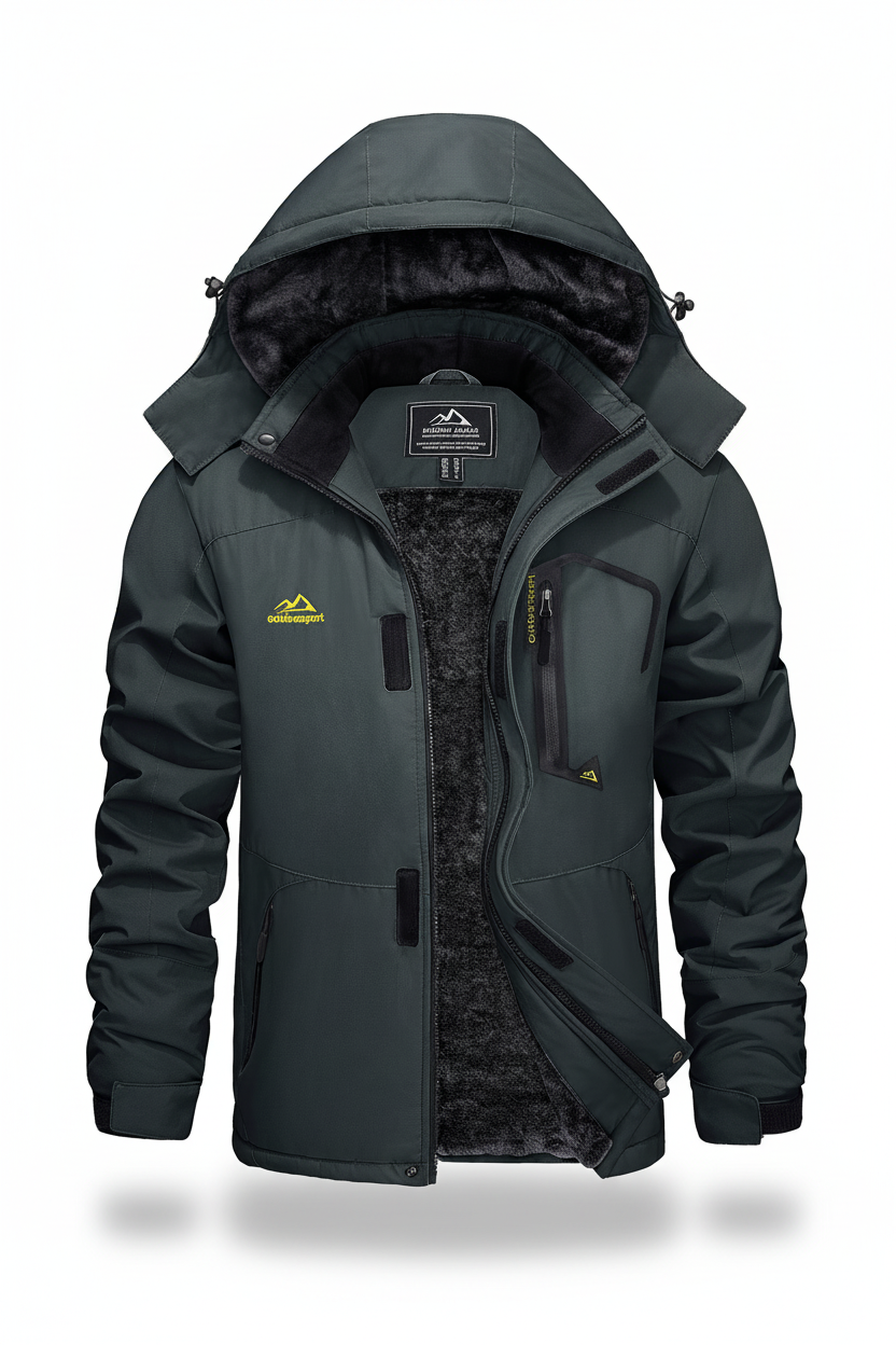 Men's hooded winter fleece lined jacket on a white background