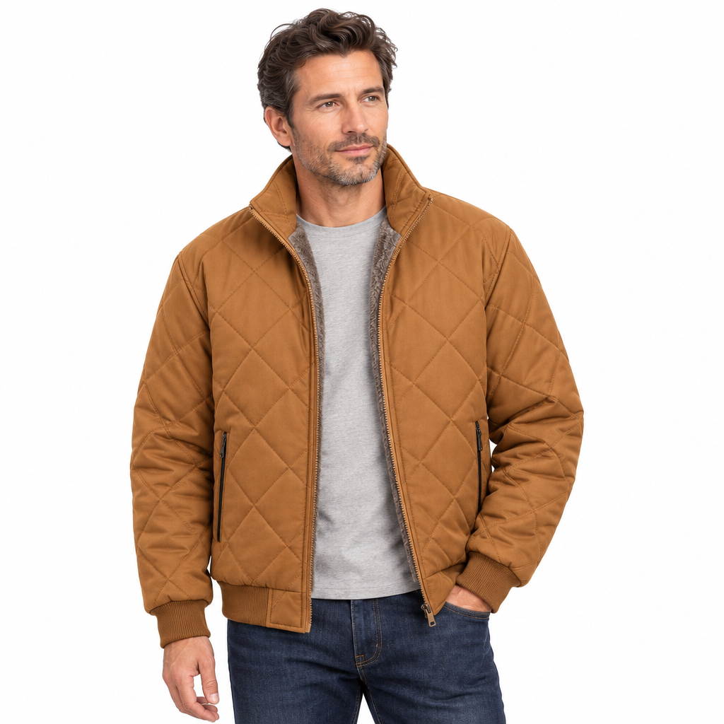 Man modelling yellowish-brown quilted jacket