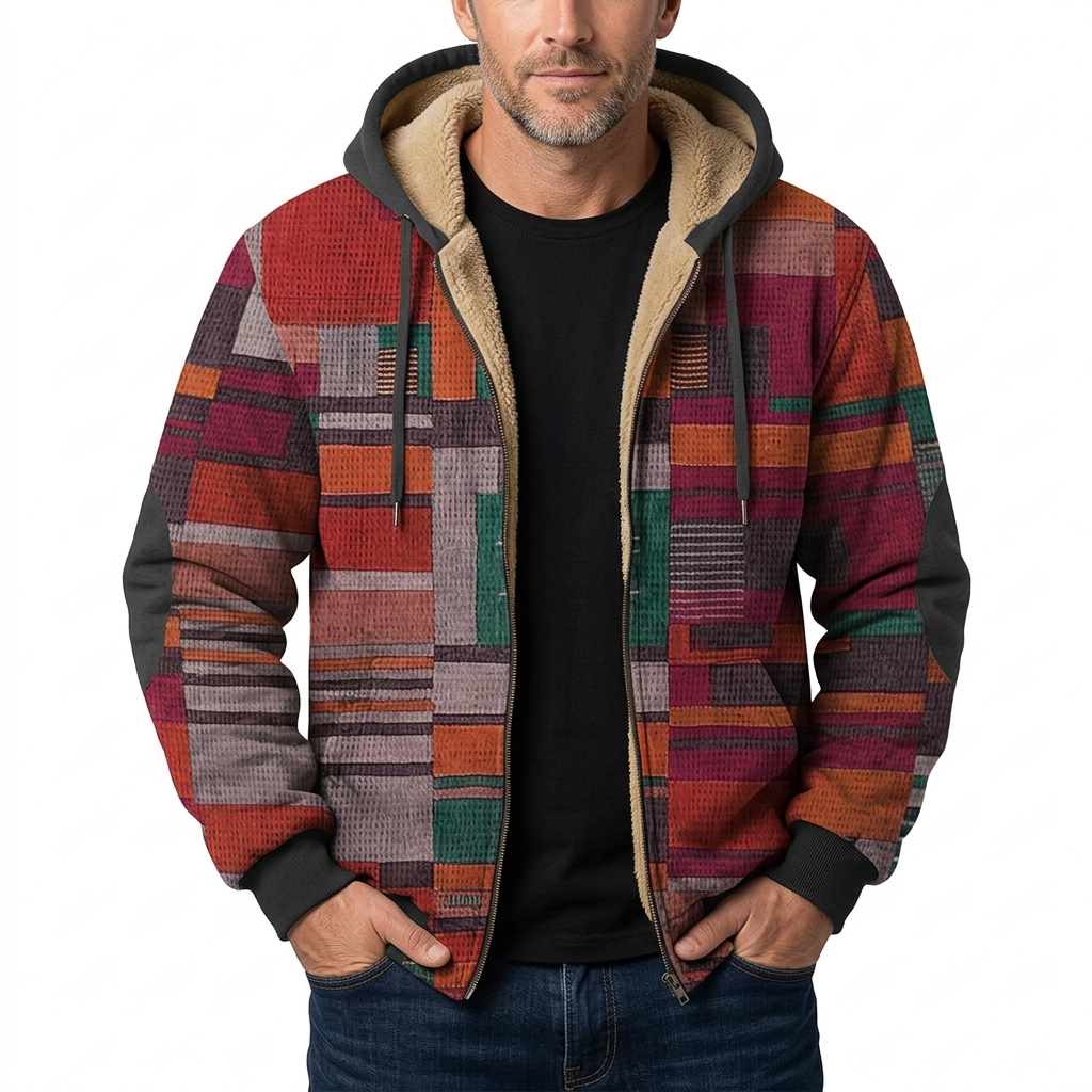 Man modelling red patchwork hooded jacket