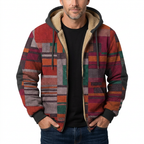 Man modelling red patchwork hooded jacket