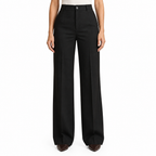 Black trousers on model, waist-to-shoes view