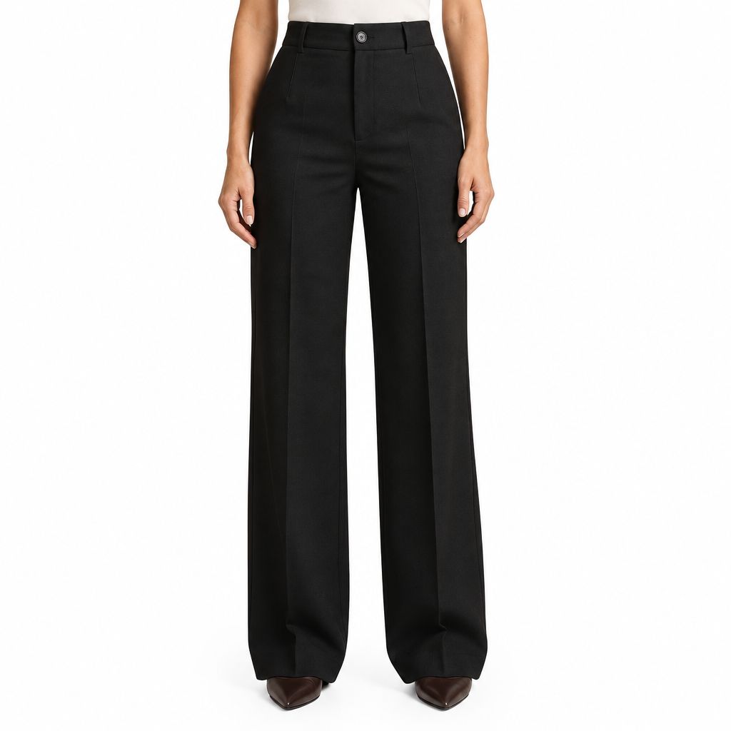 Black trousers on model, waist-to-shoes view