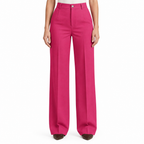 Pink trousers on model, waist-to-shoes view