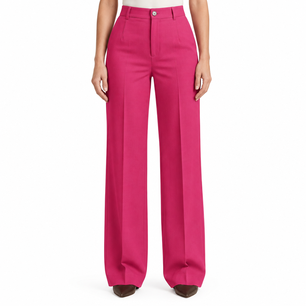 Pink trousers on model, waist-to-shoes view