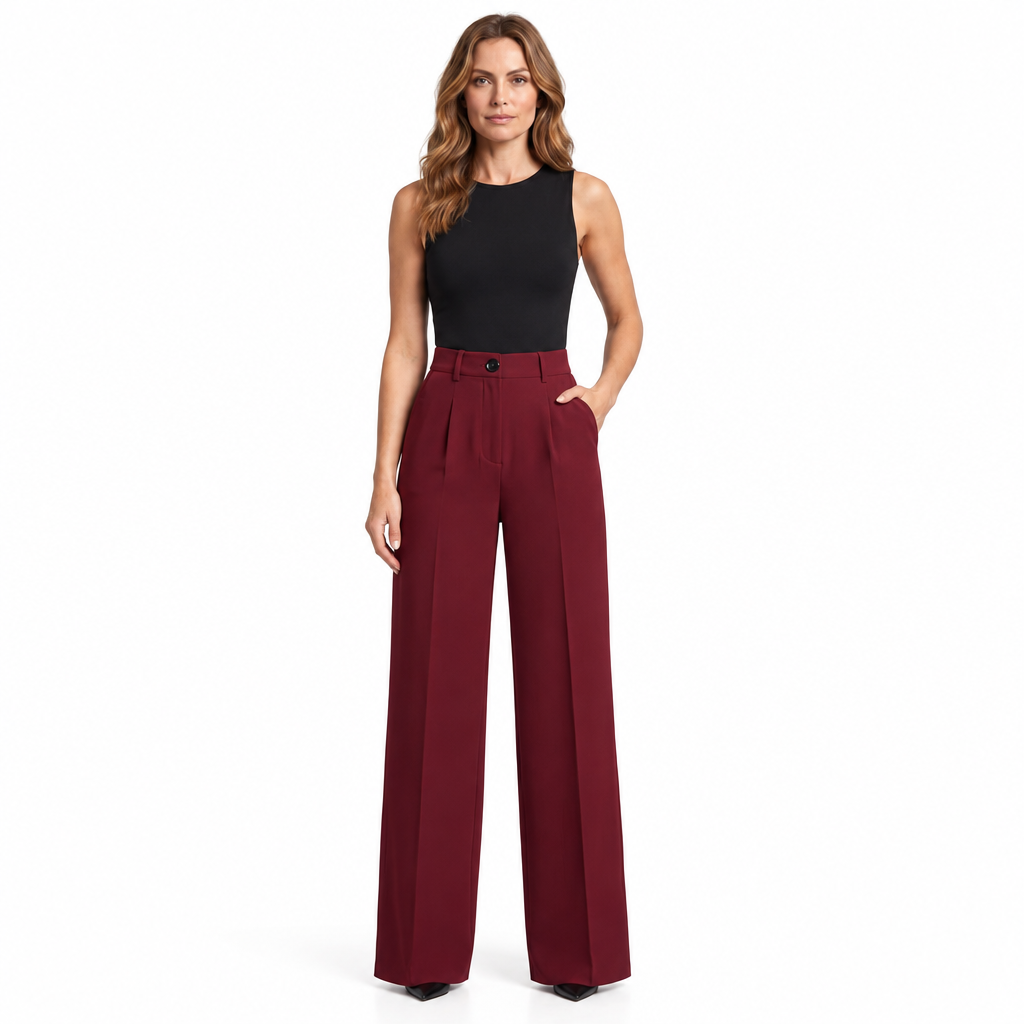 Woman modelling wine red tailored trousers
