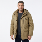 Man wearing khaki fleece-lined winter parka