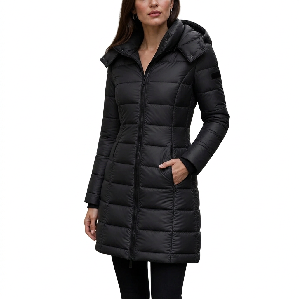 Women's Mid-Length Quilted Puffer Jacket with Detachable Hood