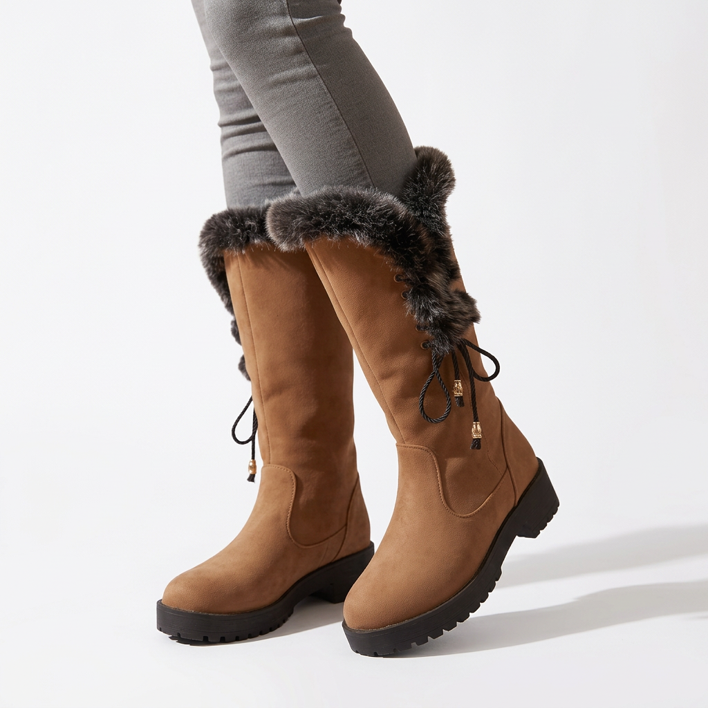 Women's Suede Mid Calf Boots with Faux-Fur Cuff for Cold Weather