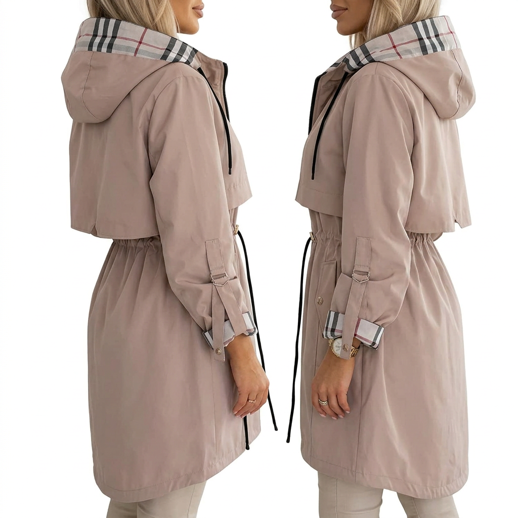 Beige hooded zip coat side view