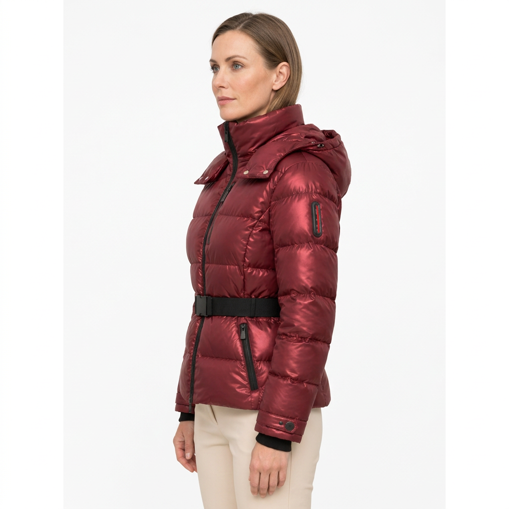 Women's Belted Puffer Jacket with Detachable Hood and Zipped Pockets