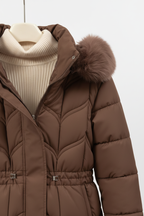 Women's Faux Puffer Coat - Brown Detail