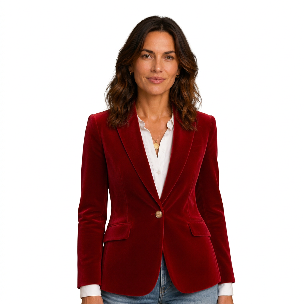 Red velvet blazer on white background