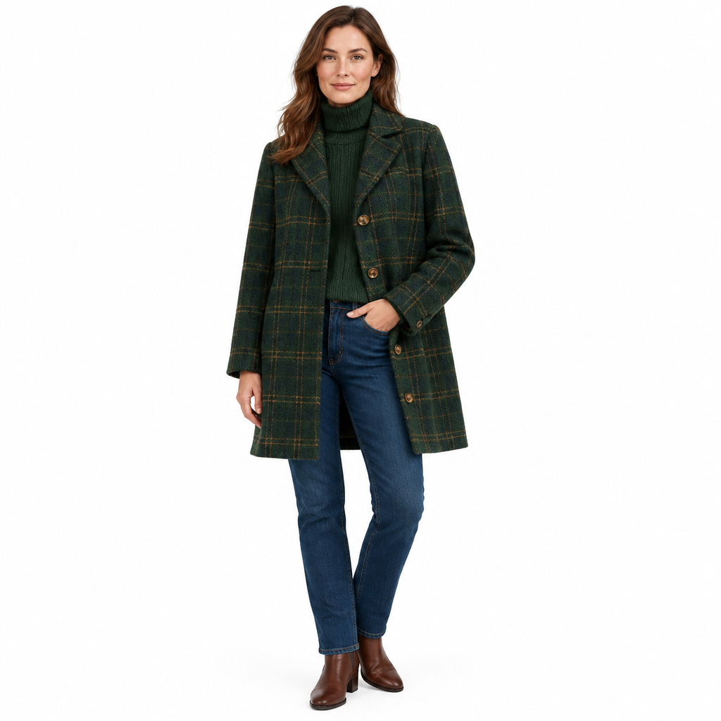 Women's Long Checked Coat - Fitted Button-Up Winter Outerwear