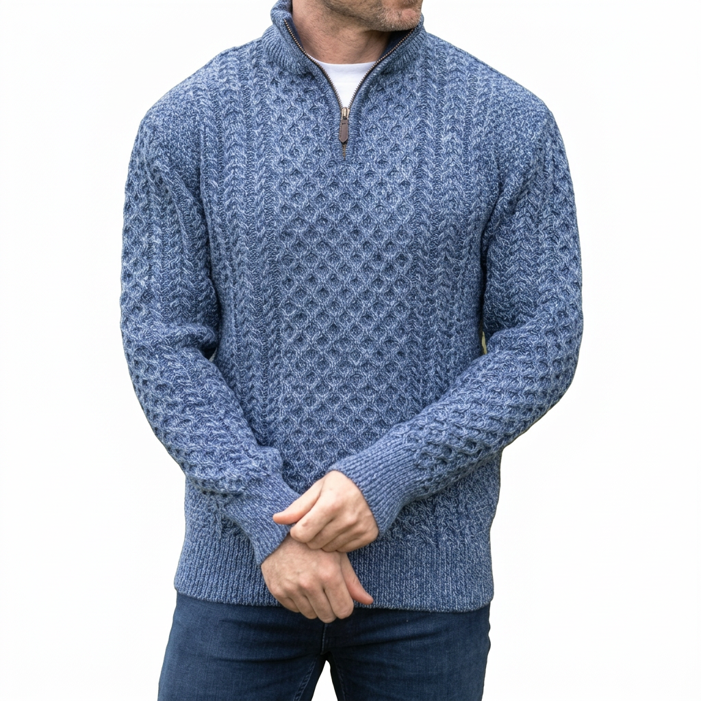 Men’s Half-Zip Jumper in Merino Wool with Aran Pattern for Warmth
