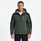 Man modelling army green hooded hiking jacket
