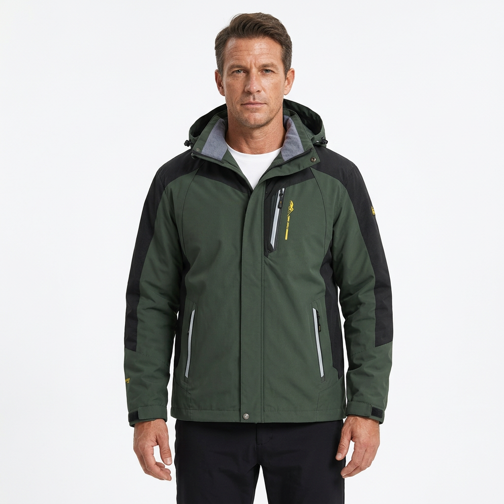 Man modelling army green hooded hiking jacket