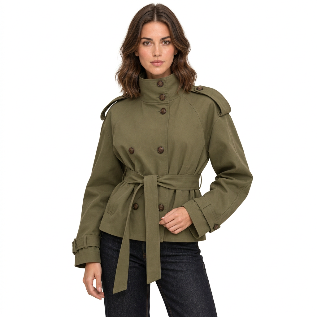 Women's Cropped Double Breasted Trench Jacket with Belt