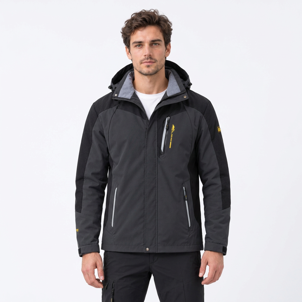 Man modelling black hooded hiking jacket