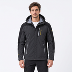 Man modelling black hooded hiking jacket