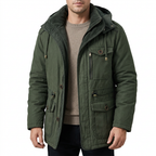 Man wearing green fleece-lined winter parka