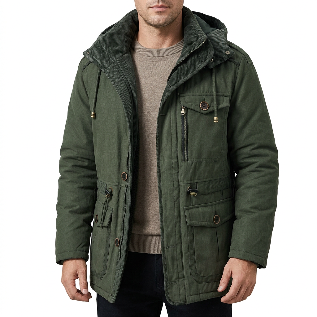Man wearing green fleece-lined winter parka