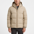 Men's Hooded Puffer Jacket with Zip Pockets and Ribbed Cuffs