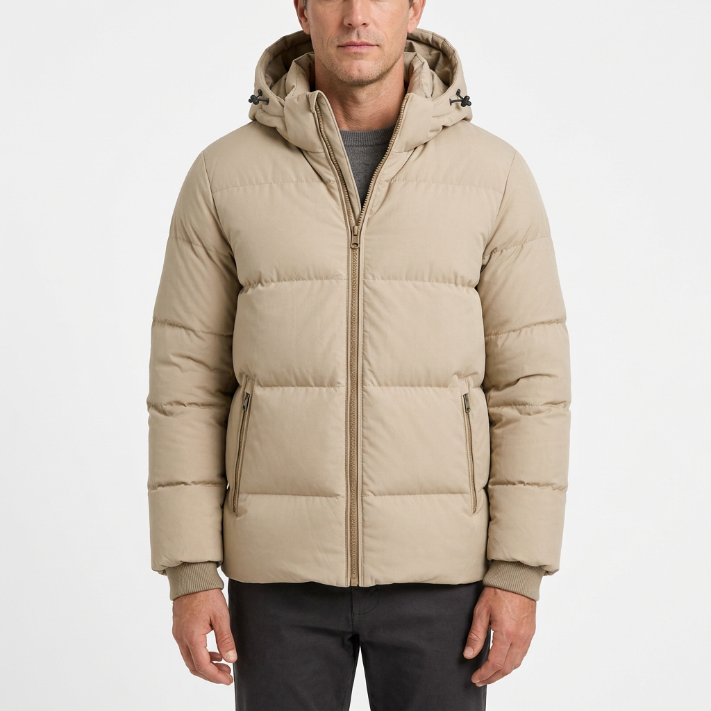 Men's Hooded Puffer Jacket with Zip Pockets and Ribbed Cuffs