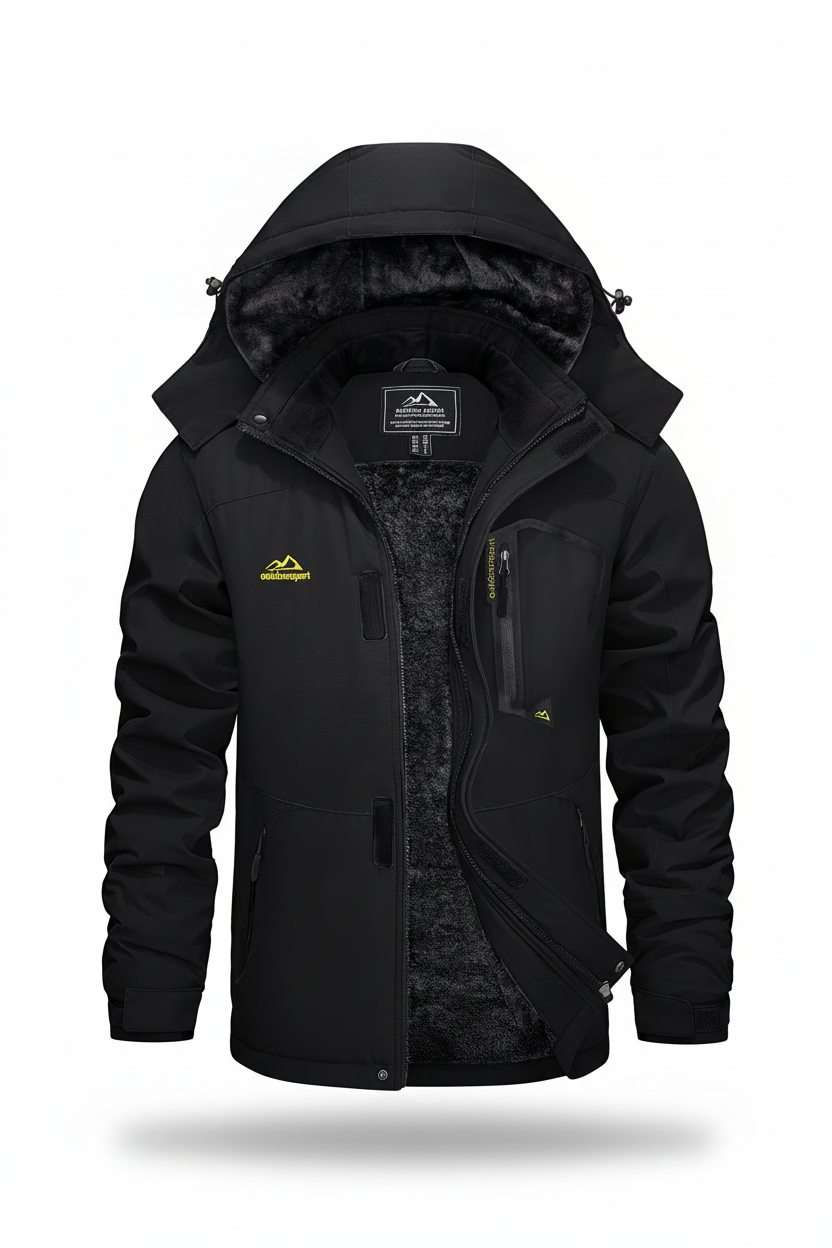 Men's hooded winter fleece lined jacket on a white background