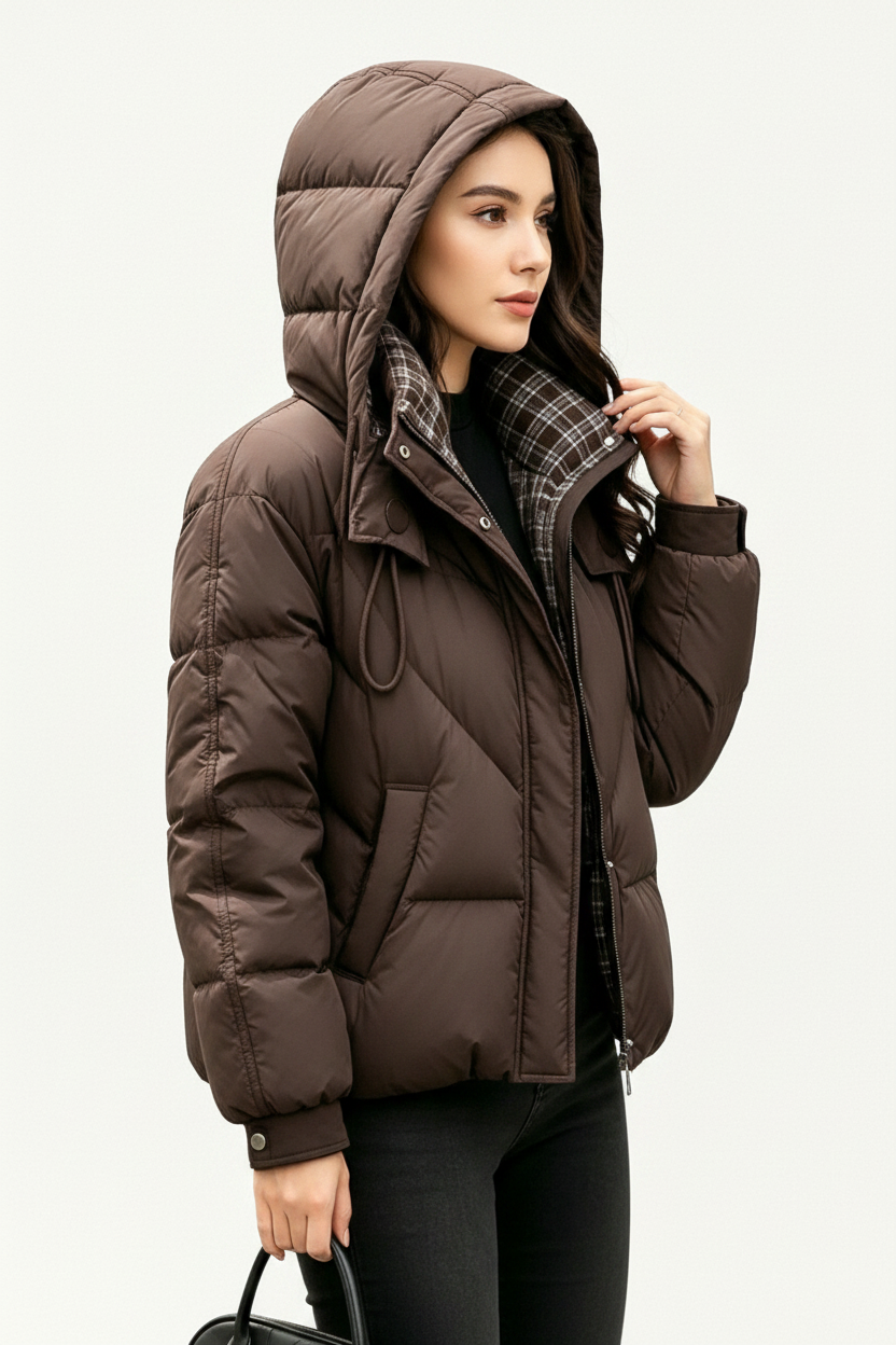 Women's Hooded Plaid Jacket - modell trekvartsvinkel