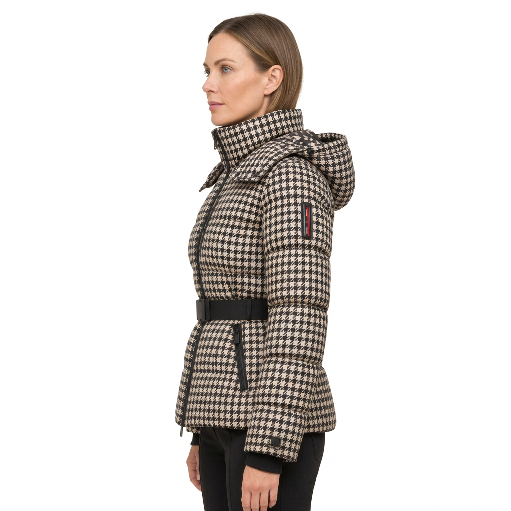 Women's Belted Puffer Jacket with Detachable Hood and Zipped Pockets