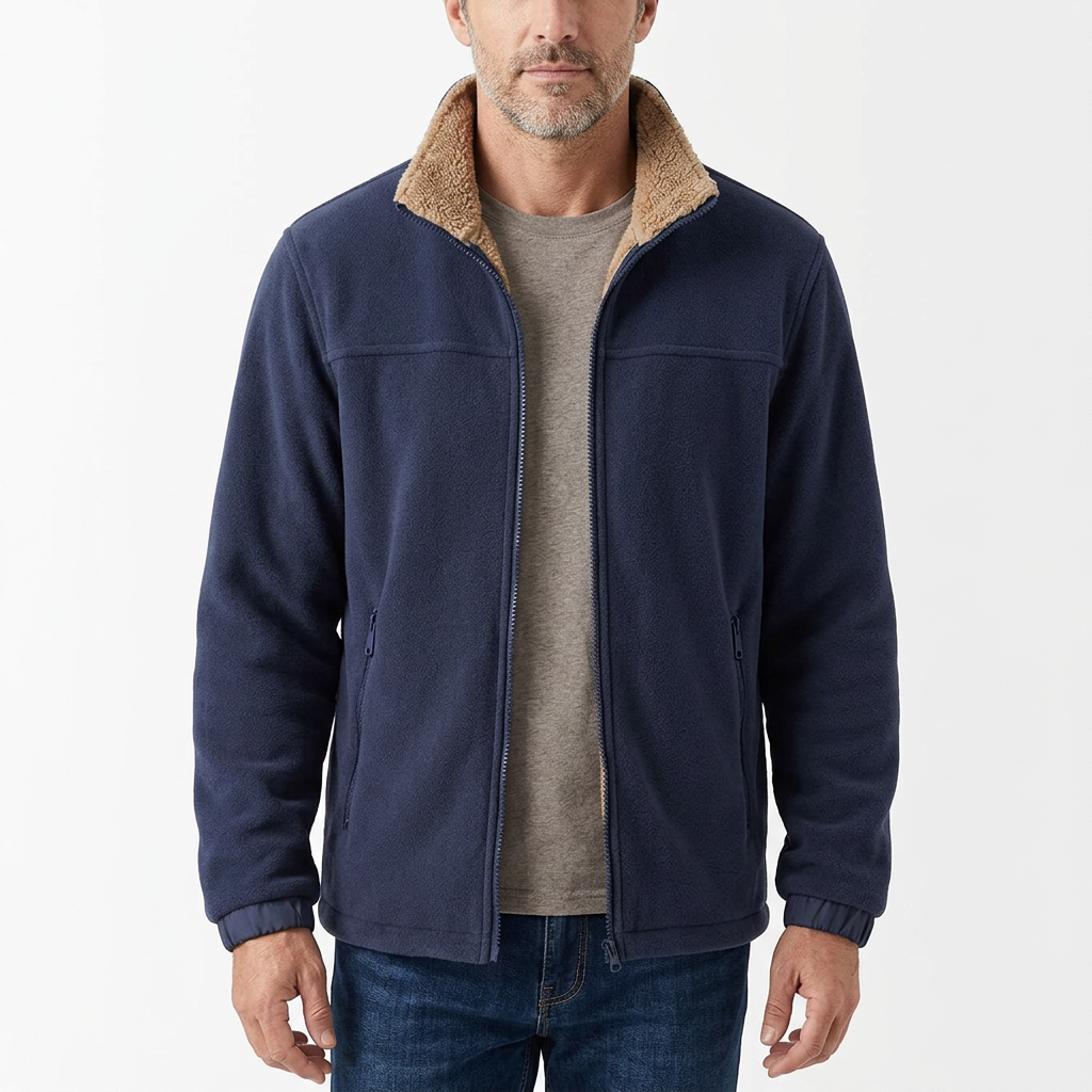 Man modelling navy sherpa-lined fleece jacket