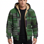 Man modelling green patchwork hooded jacket