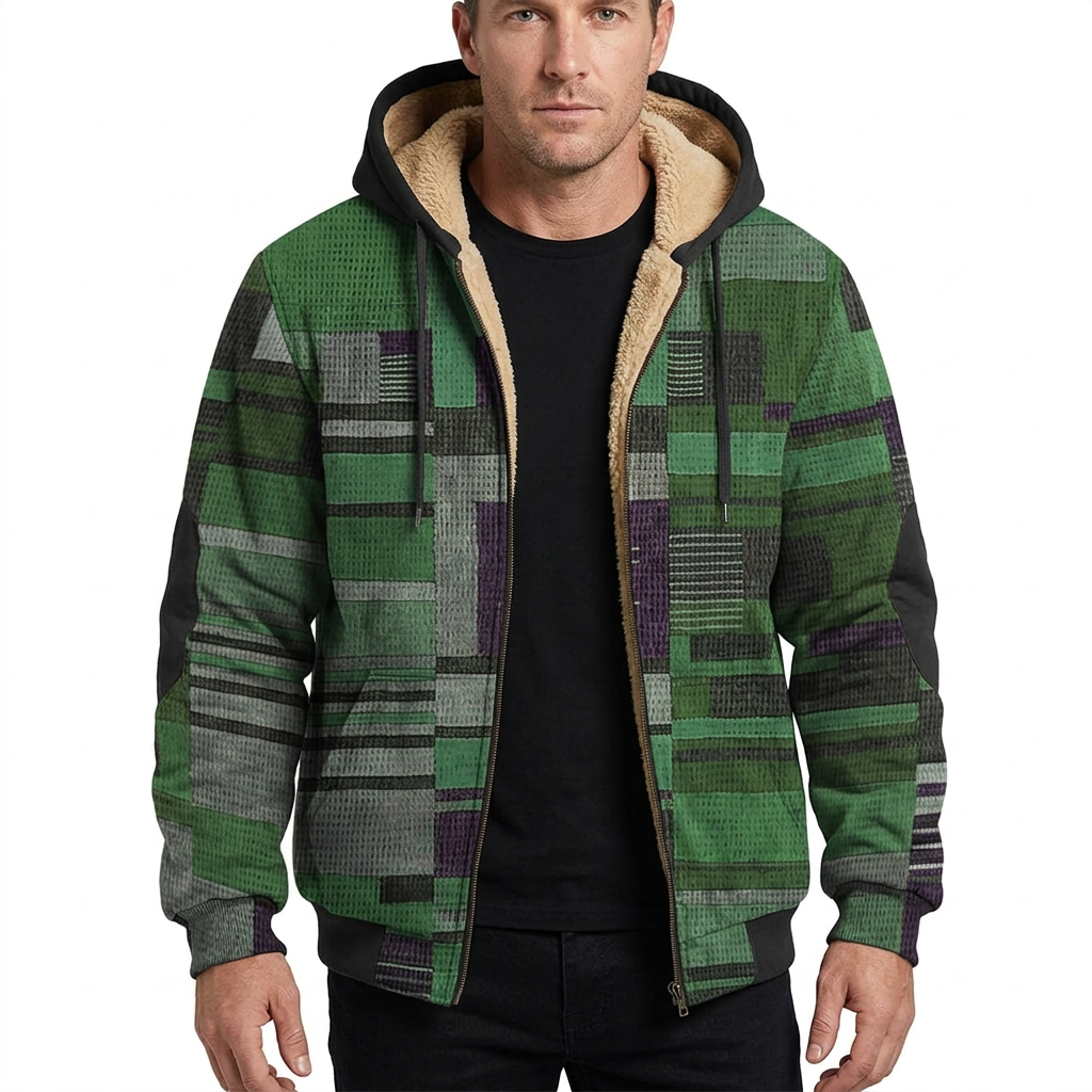 Man modelling green patchwork hooded jacket