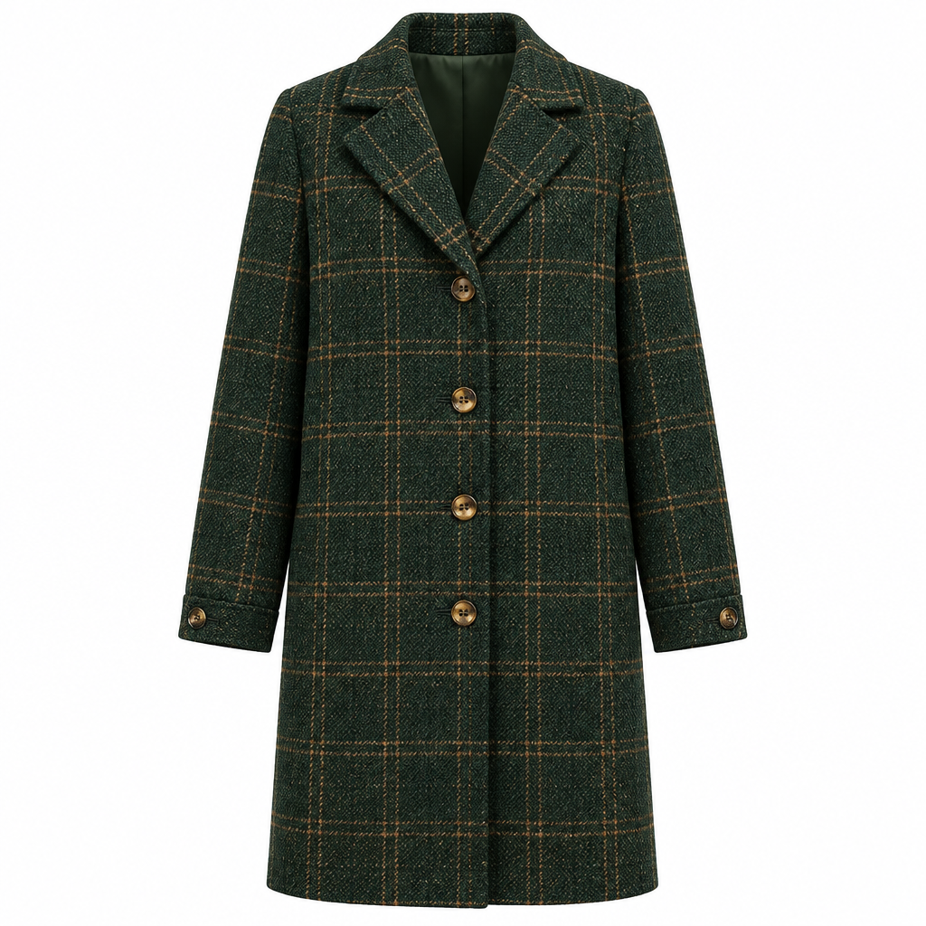 Women's Long Checked Coat - Fitted Button-Up Winter Outerwear