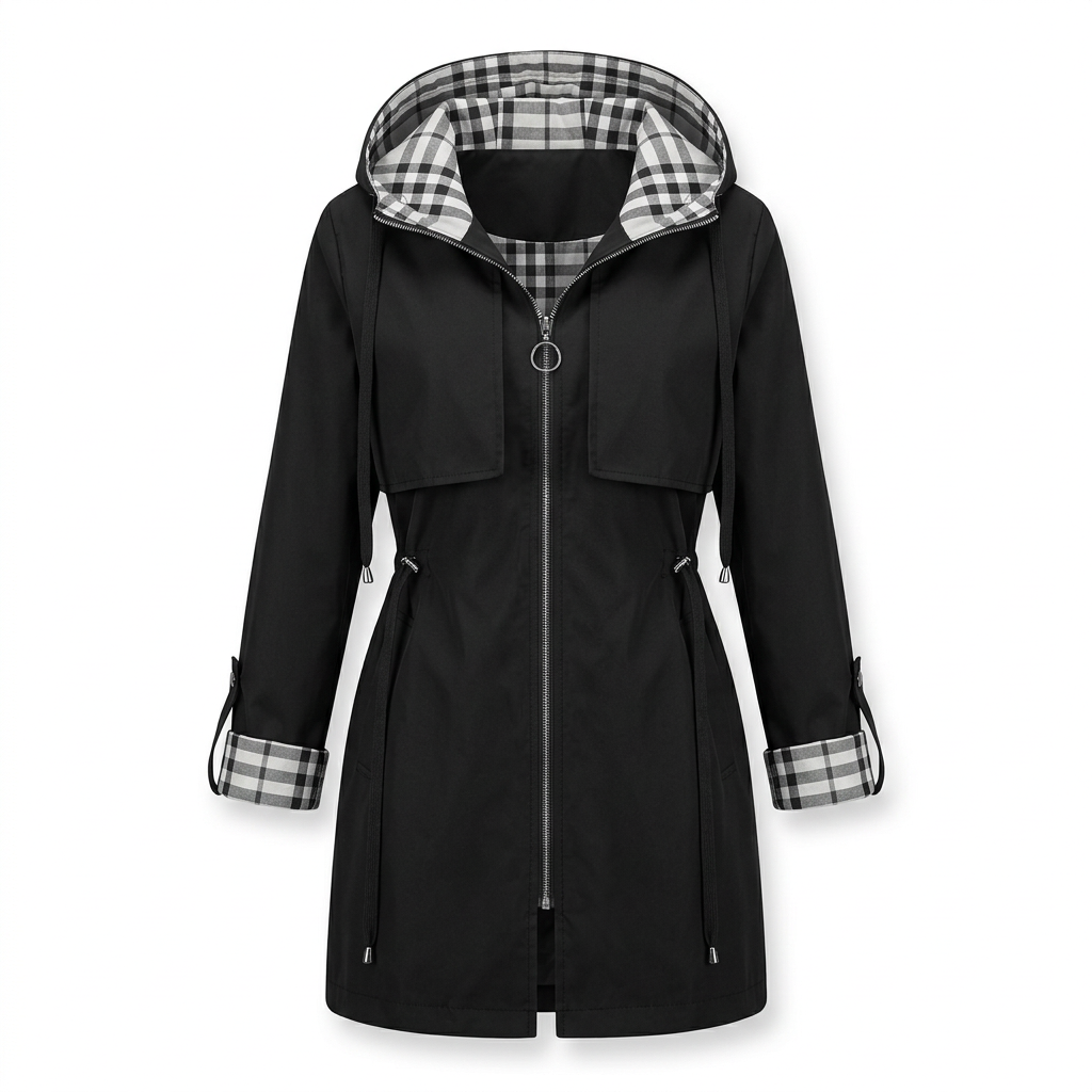 Black hooded zip coat on white background