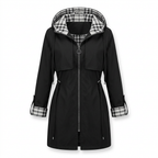 Black hooded zip coat on white background