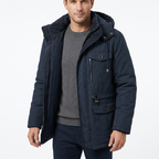 Man wearing navy blue fleece-lined winter parka