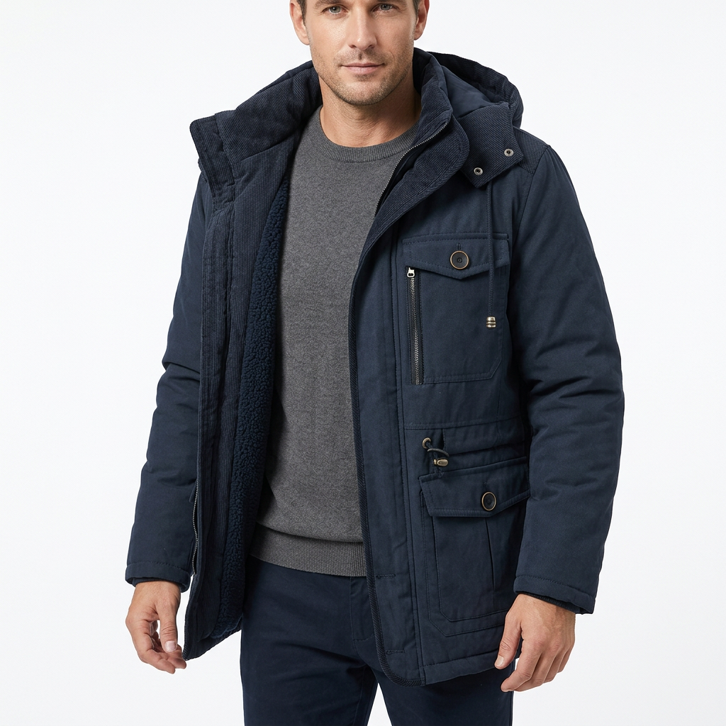 Man wearing navy blue fleece-lined winter parka